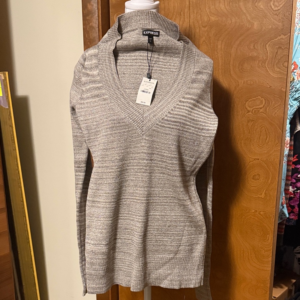 Express Women's Marled Light taupe with gold flecks V-Neck Sweater new with tag